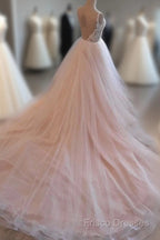 Light Pink Tulle Lace Long Formal Prom Dress, Wedding Dress