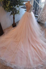 Light Pink Tulle Lace Long Prom Dress, Wedding Dress