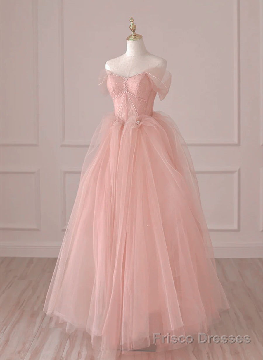 Light Pink Tulle Off Shoulder Lace and Beaded Prom Dress, Pink Formal Dress Main image