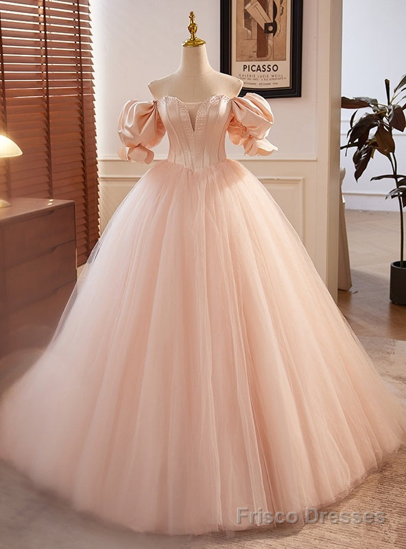 Light Pink Tulle Puff Sleeve Beading Prom Dress Main image