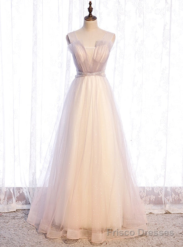 Light Pink Tulle Sequins V-neck Pleats Beading Prom Dress Main image