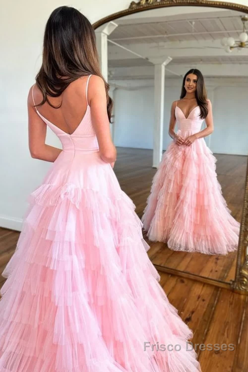 Light Pink Tulle Tiered A-Line Long Prom Dress Secondary image