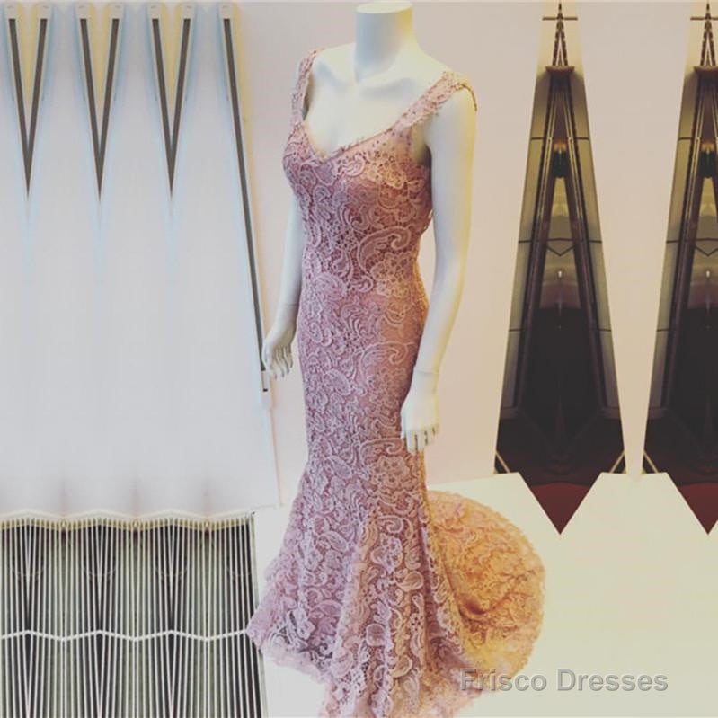 Light Pink V-Neck Open Back Lace Mermaid Evening Dresses Main image