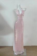 Light Pink V Neck Sheath Sequined Formal Prom Dress Birthday Dress