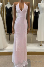 Light Pink V Neck Sheath Sequined Formal Prom Dress Birthday Dress