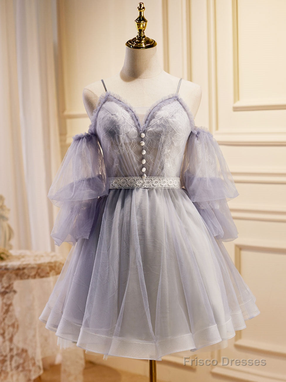 Light Purple A-Line Lace Tulle Short Prom Dress, Light Purple Homecoming Main image