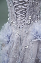 Light Purple A-Line Off-The-Shoulder Tulle Sequin Long Formal Prom Dress, Sweet Appliqu Beaded Formal Dress