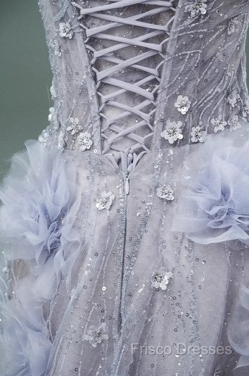 Light Purple A-Line Off-The-Shoulder Tulle Sequin Long Formal Prom Dress, Sweet Appliqu Beaded Formal Dress