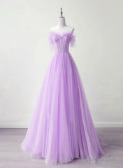 Light Purple A-Line Sweetheart Tulle Formal Dress, Light Purple Long Prom Dress