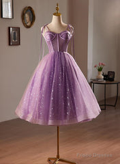 Light Purple Knee Length Straps Party Dress, Light Purple Homecoming Dress