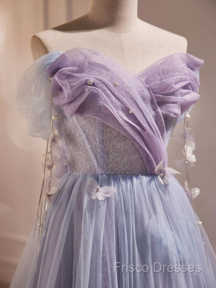 Light Purple Off Shoulder Sweetheart Long Formal Dress, Light Purple Tulle Formal Prom Dress