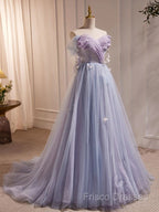 Light Purple Off Shoulder Sweetheart Long Formal Dress, Light Purple Tulle Formal Prom Dress