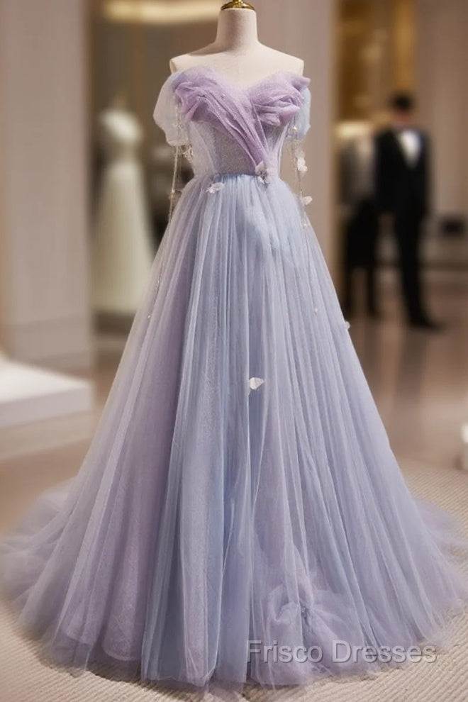 Light Purple Off Shoulder Sweetheart Long Formal Dress, Light Purple Tulle Formal Prom Dress