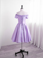 Light Purple Satin Short Party Dress with Lace, Cute Short Homecoming Dress