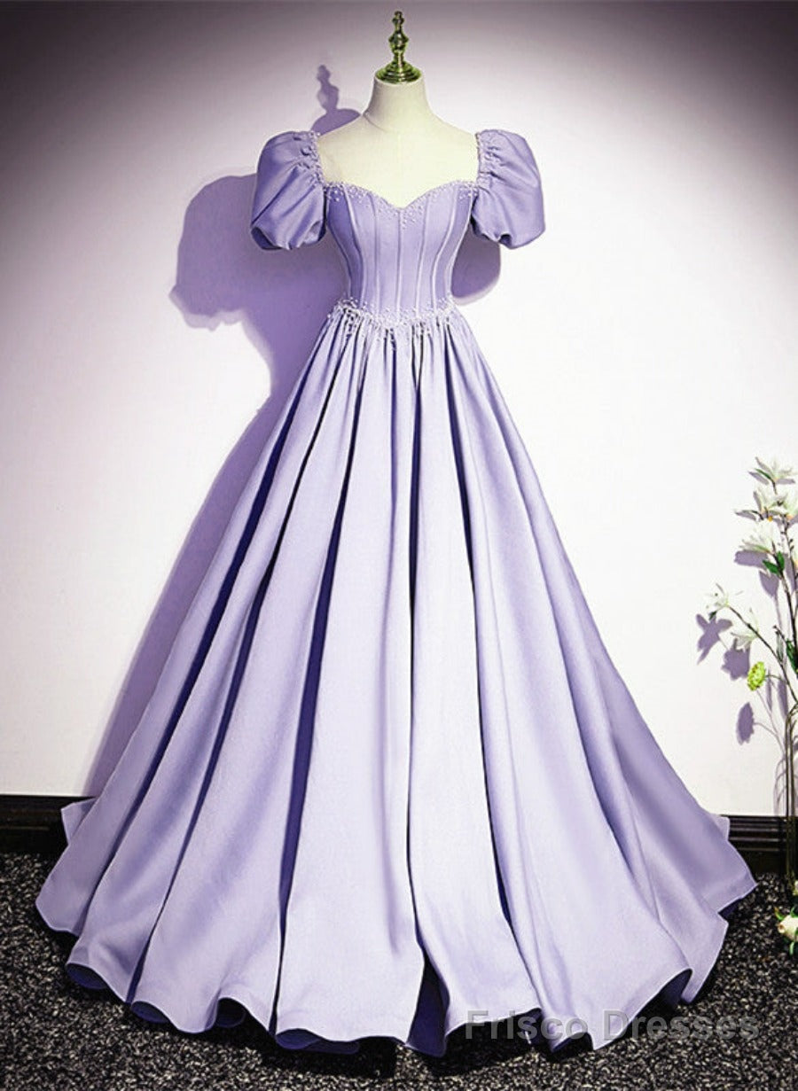 Light Purple Satin Short Sleeves Beaded Party Dress, A-line Long Prom Dress Main image