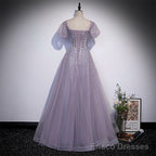 Light Purple Sequins Short Sleeves Party Dress, Purple Formal Dresses