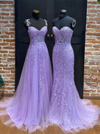 Light Purple Sweetheart Lace Long Formal Gown, Purple Lace Formal Prom Dress