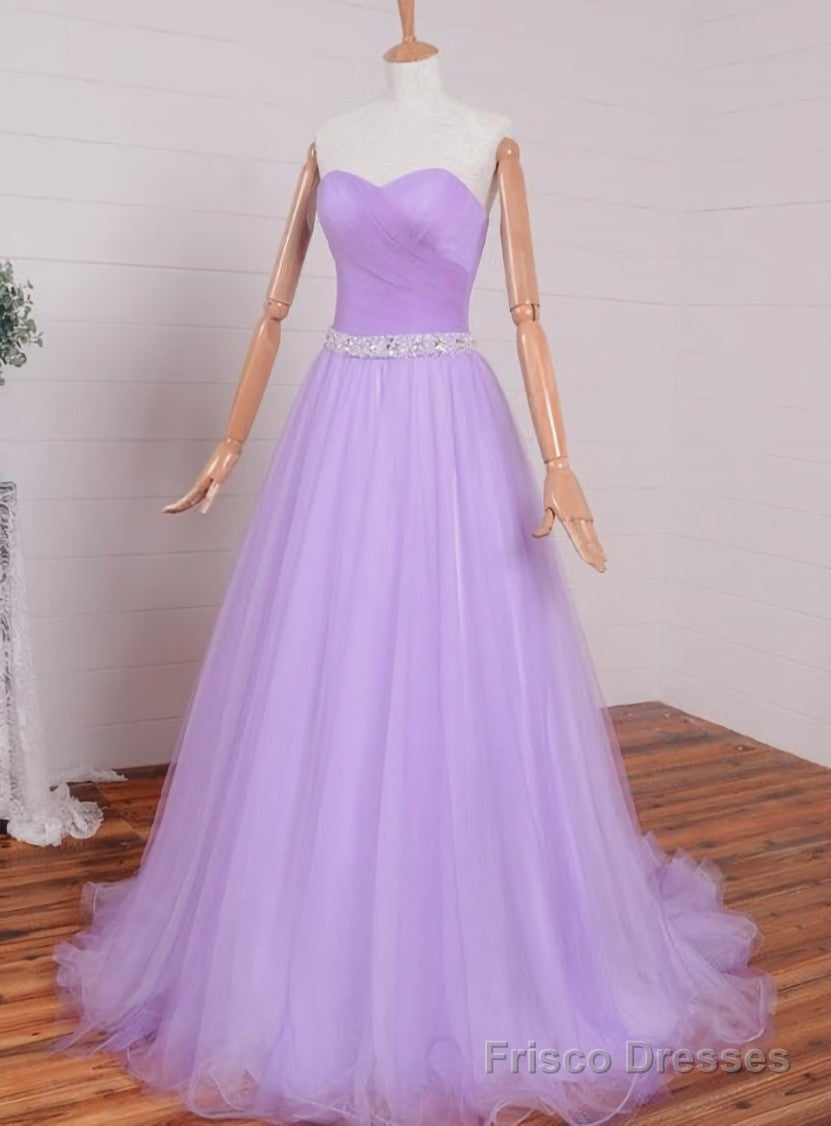 Light Purple Sweetheart Simple Beaded Waist Long Party Dress, Tulle Evening Gown Prom Dress Main image