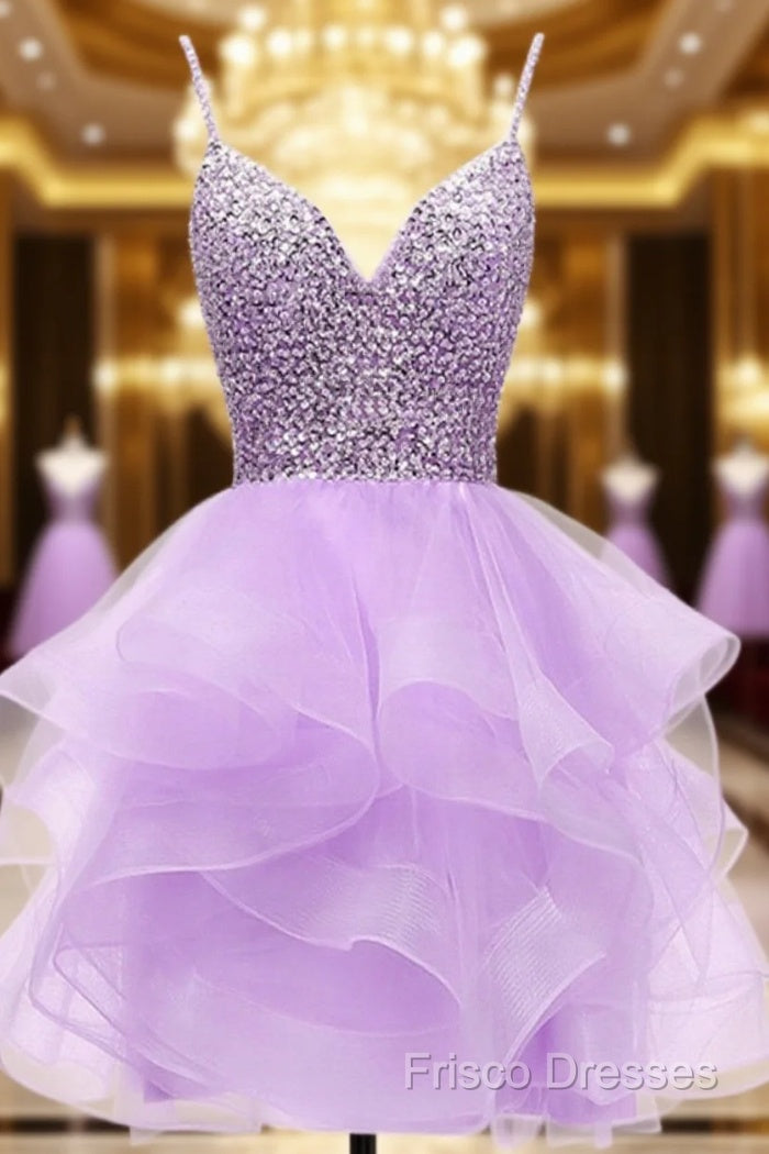Light Purple Tulle Beaded Short Homecoming Dress, Light Purple Short Formal Prom Dress Main image