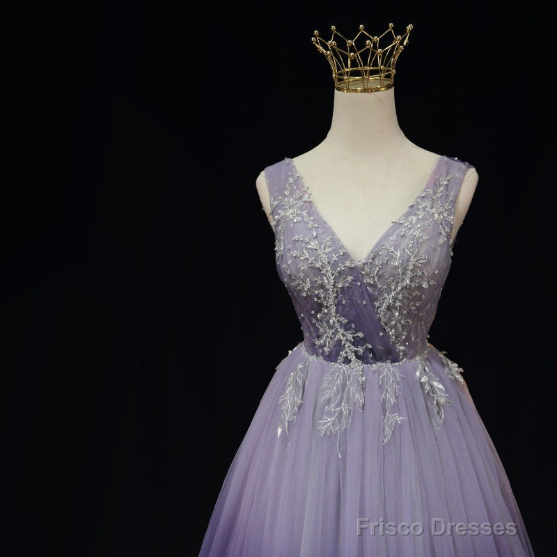 Light Purple Tulle Gradient Lace Applique Formal Dress, Beautiful Long Prom Dress