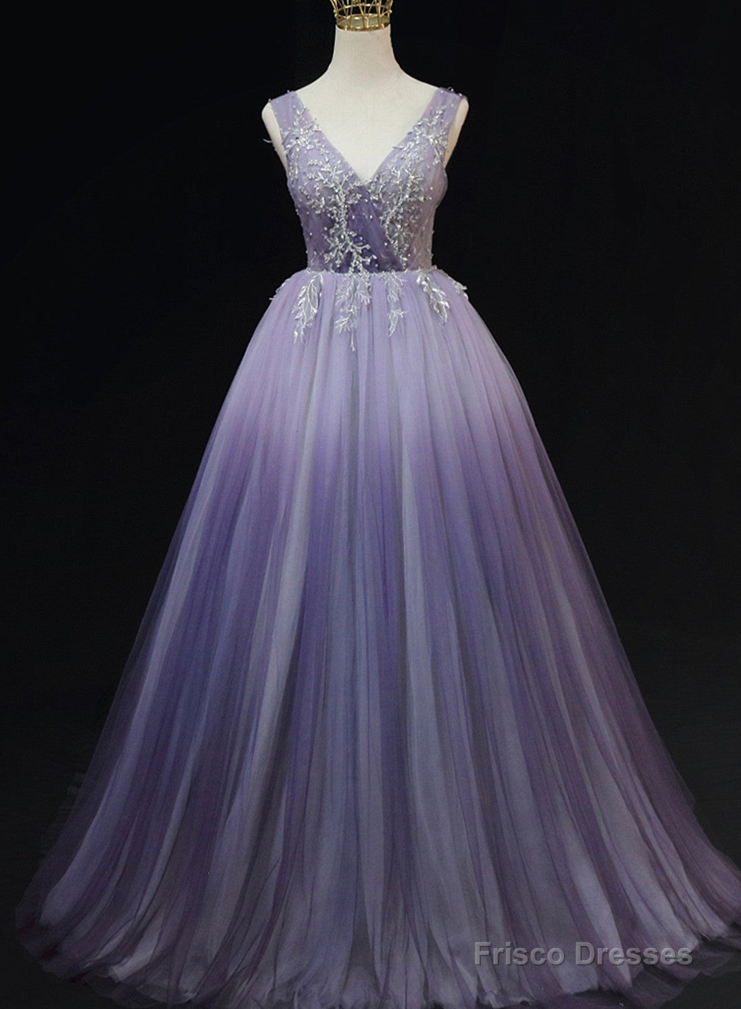 Light Purple Tulle Gradient Lace Applique Formal Dress, Beautiful Long Prom Dress Main image