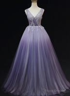 Light Purple Tulle Gradient Lace Applique Formal Dress, Beautiful Long Prom Dress
