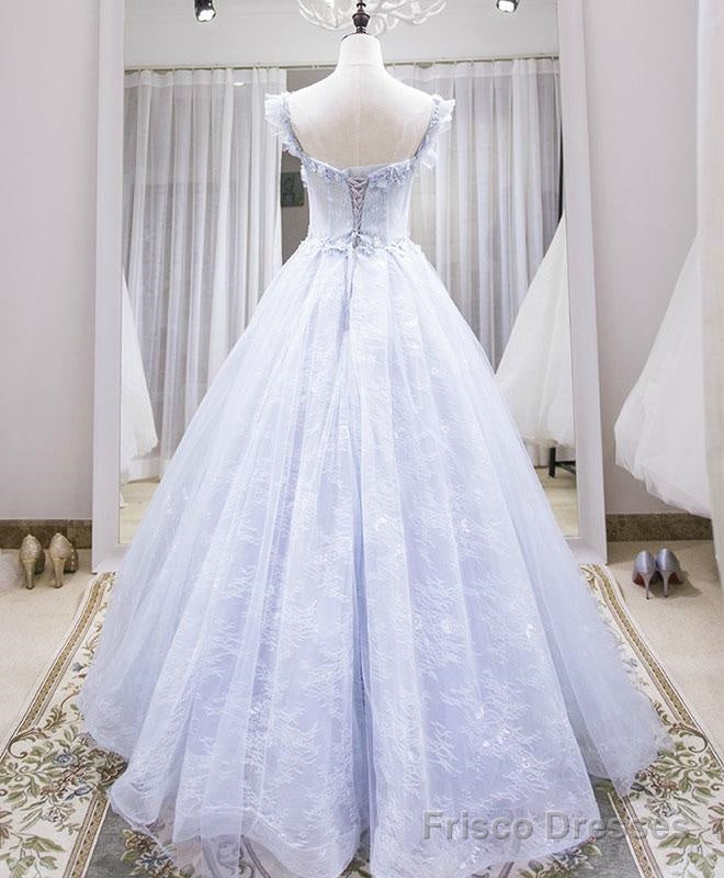 Light purple tulle lace long prom dress, blue evening dress