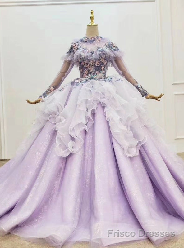 Light Purple Tulle Long Sleeve Appliques Beading Wedding Dress Main image