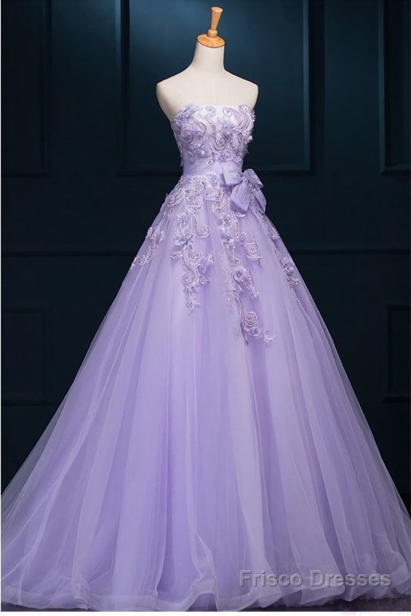 Light Purple Tulle Long Sweet 16 Dress with Bow, Lace Applique Purple Prom Dress Party Dress Main image