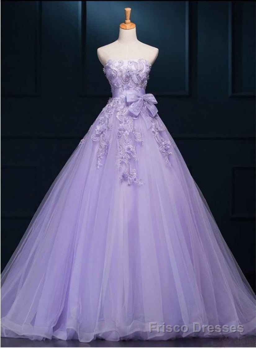 Light Purple Tulle Long Sweet 16 Dress with Bow, Lace Applique Purple Prom Dress Party Dress Secondary image