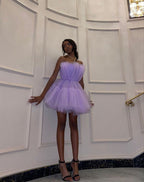 Light Purple Tulle Mini Prom Dresses Strapless Pleated Homecoming Dress