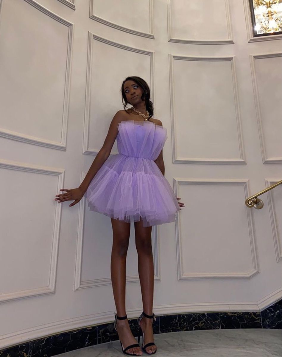 Light Purple Tulle Mini Prom Dresses Strapless Pleated Homecoming Dress