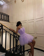 Light Purple Tulle Mini Prom Dresses Strapless Pleated Homecoming Dress