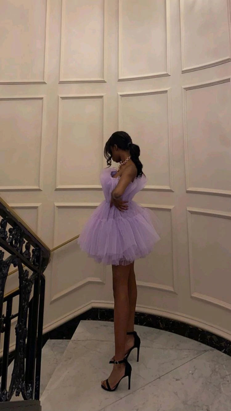Light Purple Tulle Mini Prom Dresses Strapless Pleated Homecoming Dress