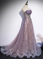 Light Purple Tulle With Lace A-Line Party Dress, Purple Long Formal Dress Evening Dress
