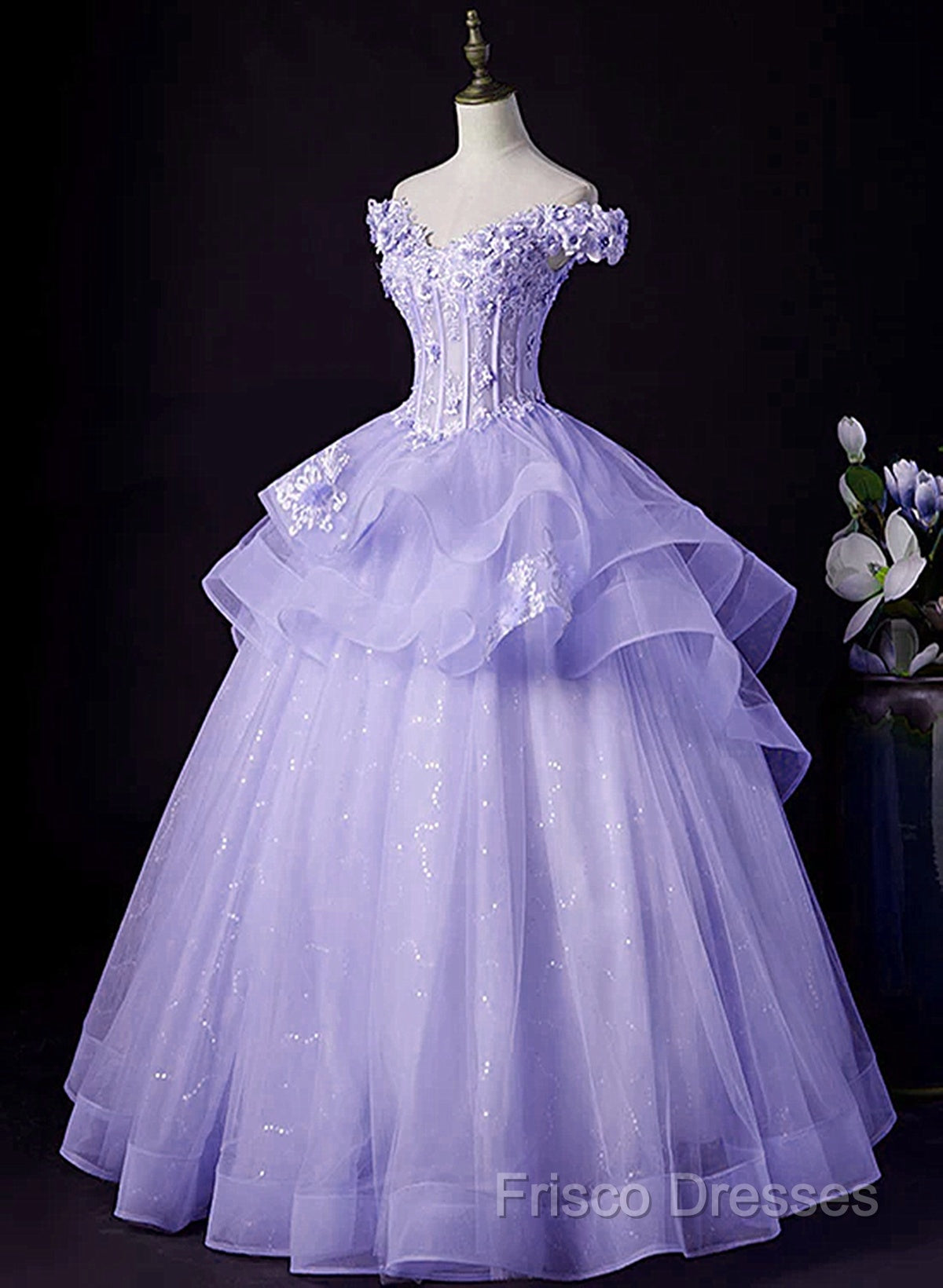 Light Purple Tulle With Lace Off Shoulder Sweet 16 Dress, Light Purple Formal Dress Secondary image