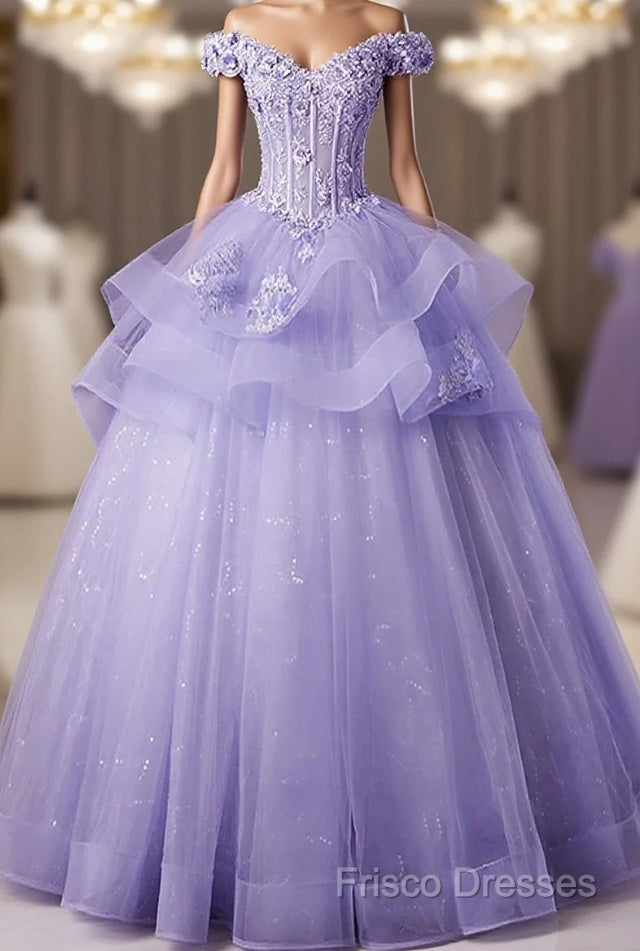 Light Purple Tulle With Lace Off Shoulder Sweet 16 Dress, Light Purple Formal Dress Main image