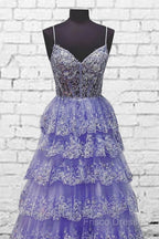 Light Purple V Neck Layered Lace Formal Prom Dress