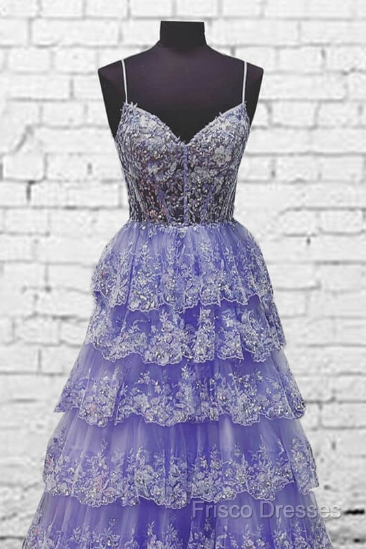Light Purple V Neck Layered Lace Formal Prom Dress