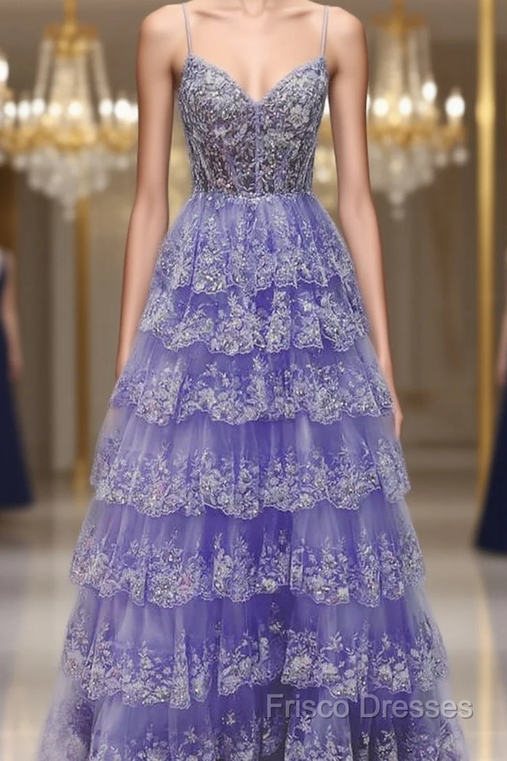 Light Purple V Neck Layered Lace Formal Prom Dress Main image