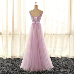 Light Purple V-neckline Long Formal Dress, Tulle Lace Applique Bridesmaid Dress