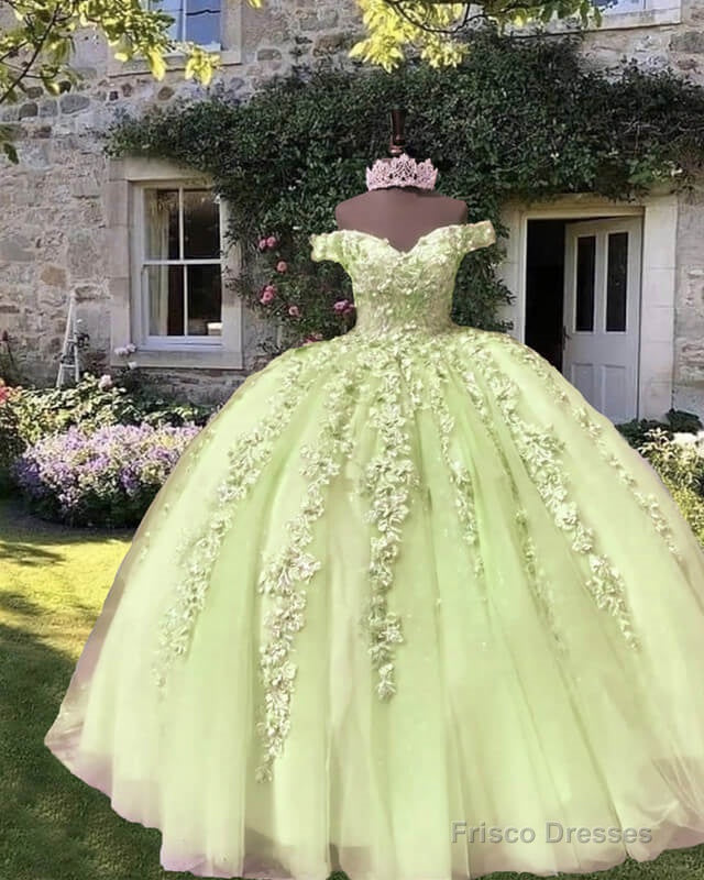 Light Sage Tulle Off Shoulder Ball Gown Appliques Dress Main image