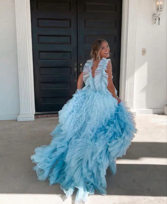 Light Sky Blue Tulle Princess Ruffle Straps With Tiered Long Prom Dress Secondary image