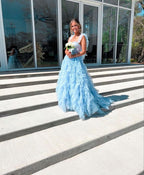 Light Sky Blue Tulle Princess Ruffle Straps With Tiered Long Prom Dress