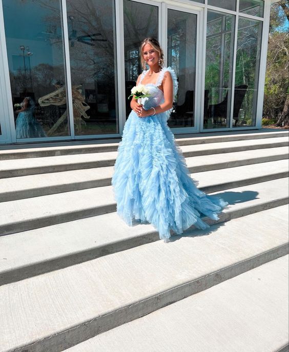 Light Sky Blue Tulle Princess Ruffle Straps With Tiered Long Prom Dress