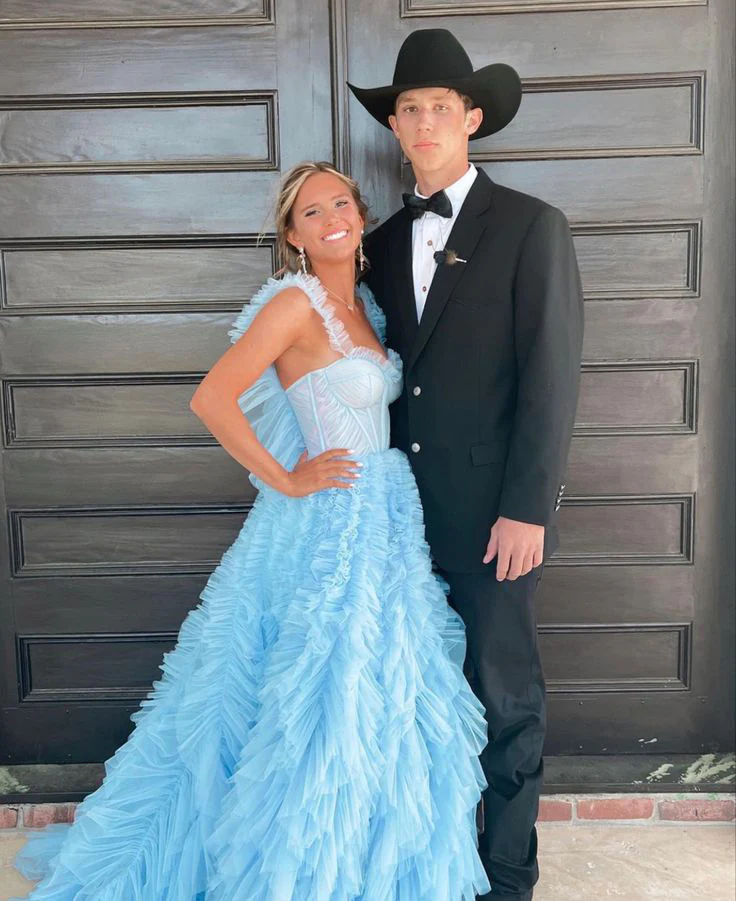 Light Sky Blue Tulle Princess Ruffle Straps With Tiered Long Prom Dress Main image