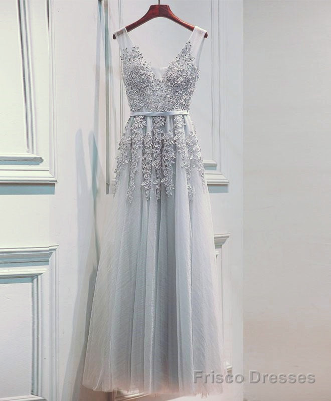 Light Sliver Grey Lace Applique V-neckline Long Party Dress, Light Grey Wedding Party Dress