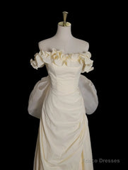Light Yellow A-Line Satin Off-Shoulder Tulle Long Prom Dress Graduation Prom Dress Wedding Dress