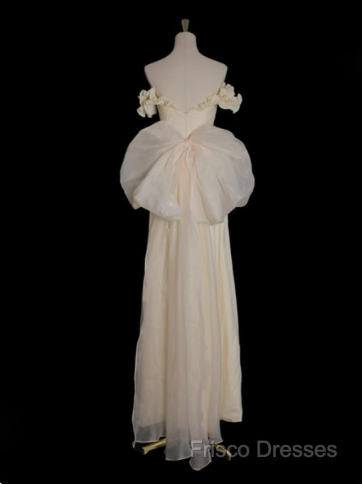 Light Yellow A-Line Satin Off-Shoulder Tulle Long Formal Prom Dress Graduation Formal Prom Dress Wedding Dress