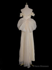 Light Yellow A-Line Satin Off-Shoulder Tulle Long Prom Dress Graduation Prom Dress Wedding Dress